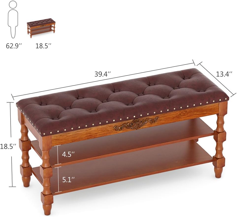Tribesigns Shoe Bench , Solid Wood Storage Bench Entryway with Lift Top, 2-Tier Vintage Shoe Rack with Seating Tufted Leather Cushion for Foyer , Accent Furniture