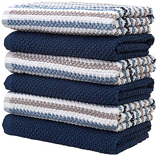 Premium Kitchen Towels (16”x 26”, 6 Pack) | Large Cotton Kitchen Hand Towels | Popcorn Striped Design | Dish Towels | 430 GSM Highly Absorbent Tea Towels Set with Hanging Loop | Blue