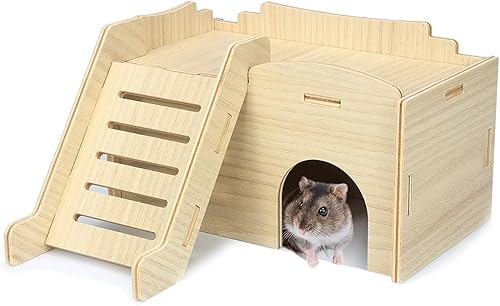 Miniatura 6 de Hámster de doble piso, cabaña de hámster de madera, escondite de hámsters sirios con panel acrílico para una observación clara, casa de ratón