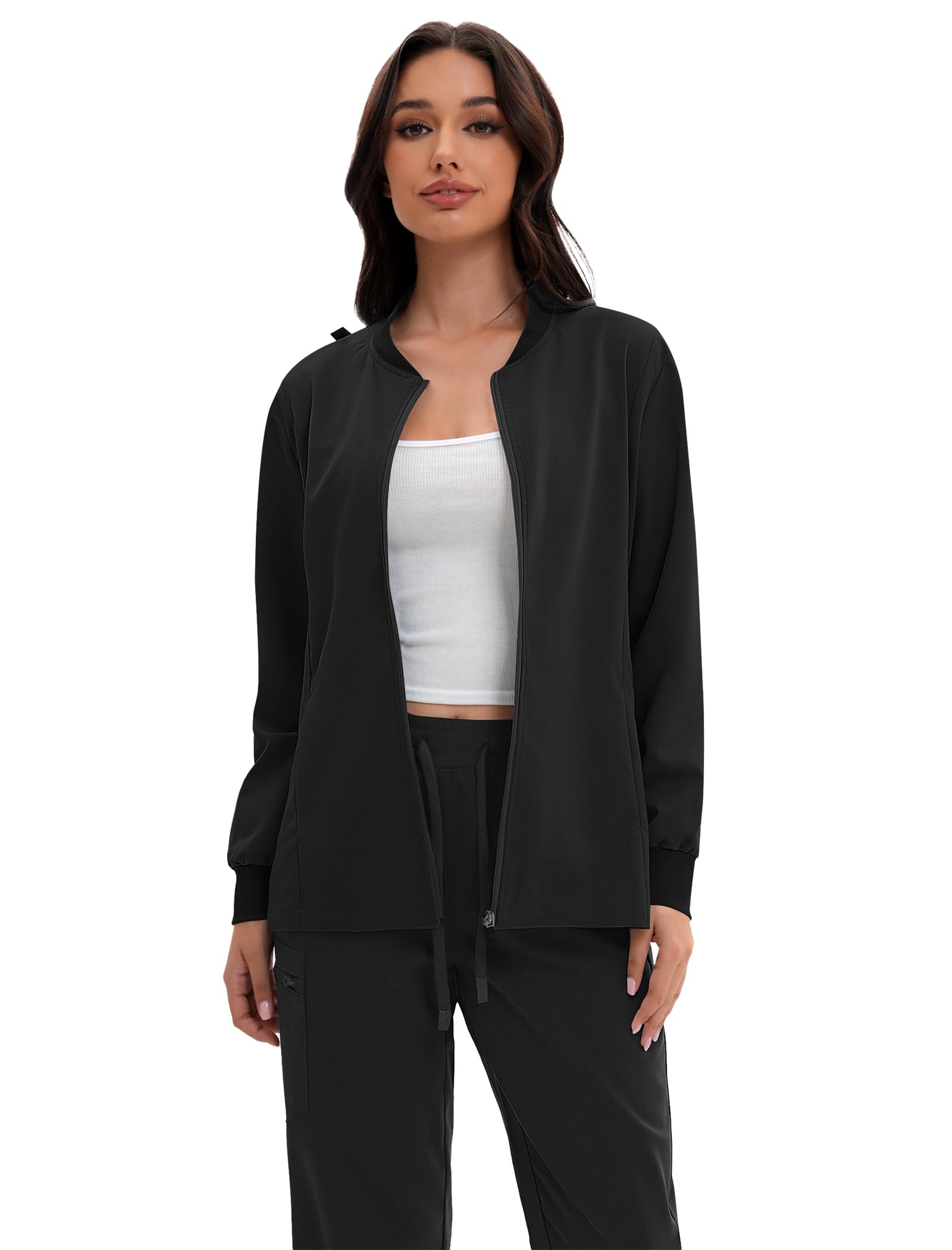 GGEH Scrub Jacket for Women, Zip Front Warm-up Uniform Coat with 4 Pockets, Ultra Soft and Durable