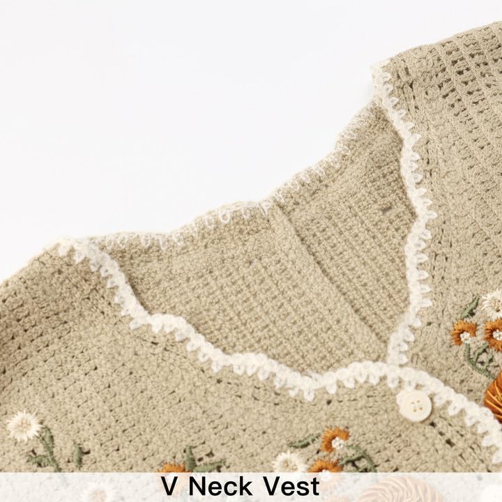 Image of Womens Floral Print Sweater Vest Sleeveless V Neck Vintage Button Front Cardigan Crochet Crop Knit Vest Top Coffee Small