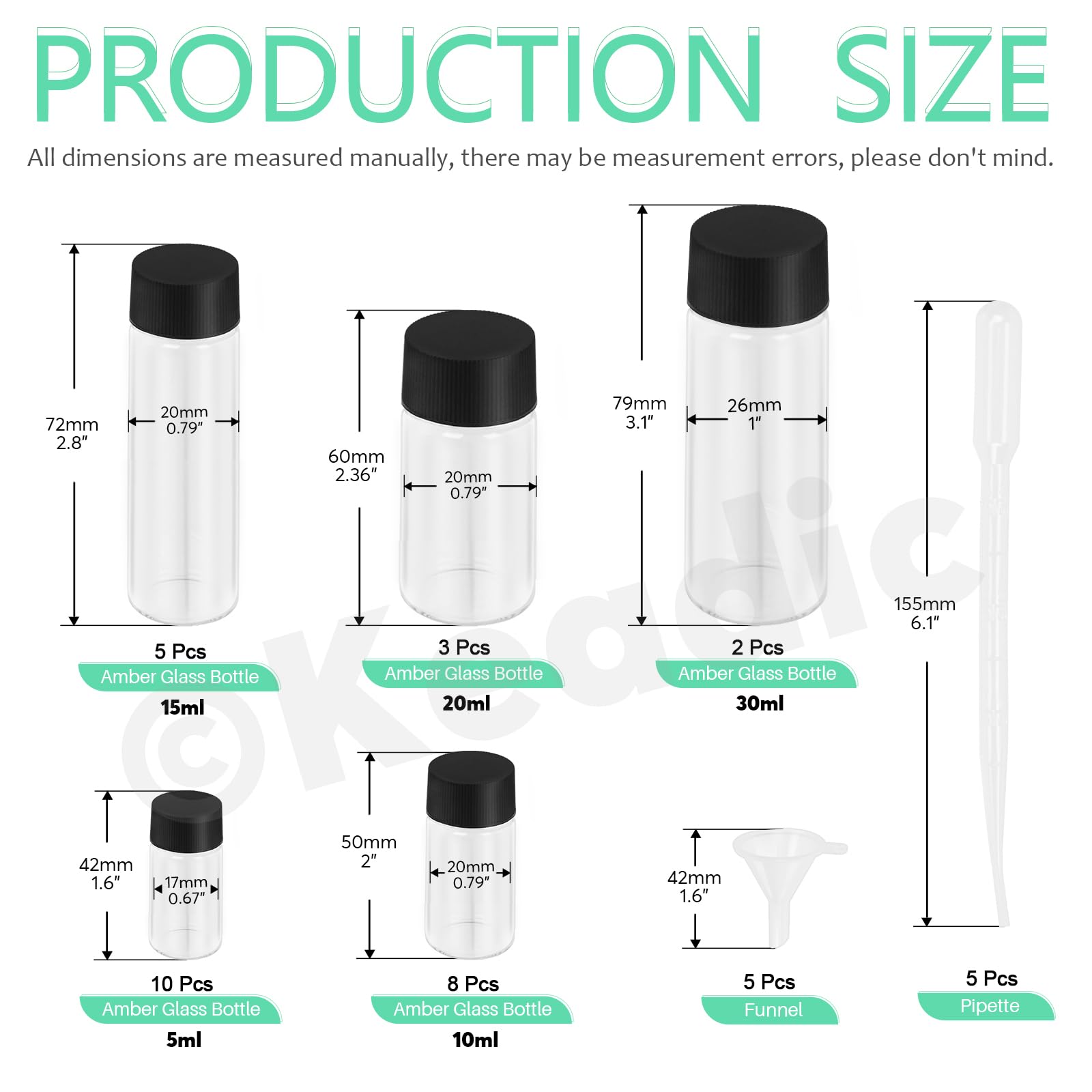 Produktbild von Keadic 38-teiliges Probenglasfläschchen-Set Mit Schraubverschluss, Tropfer & Trichter – 5/10/15/20/30ml, Borosilikatglas, Hitzebeständig, Ideal Für Kosmetik, Öle & Labor (klar)