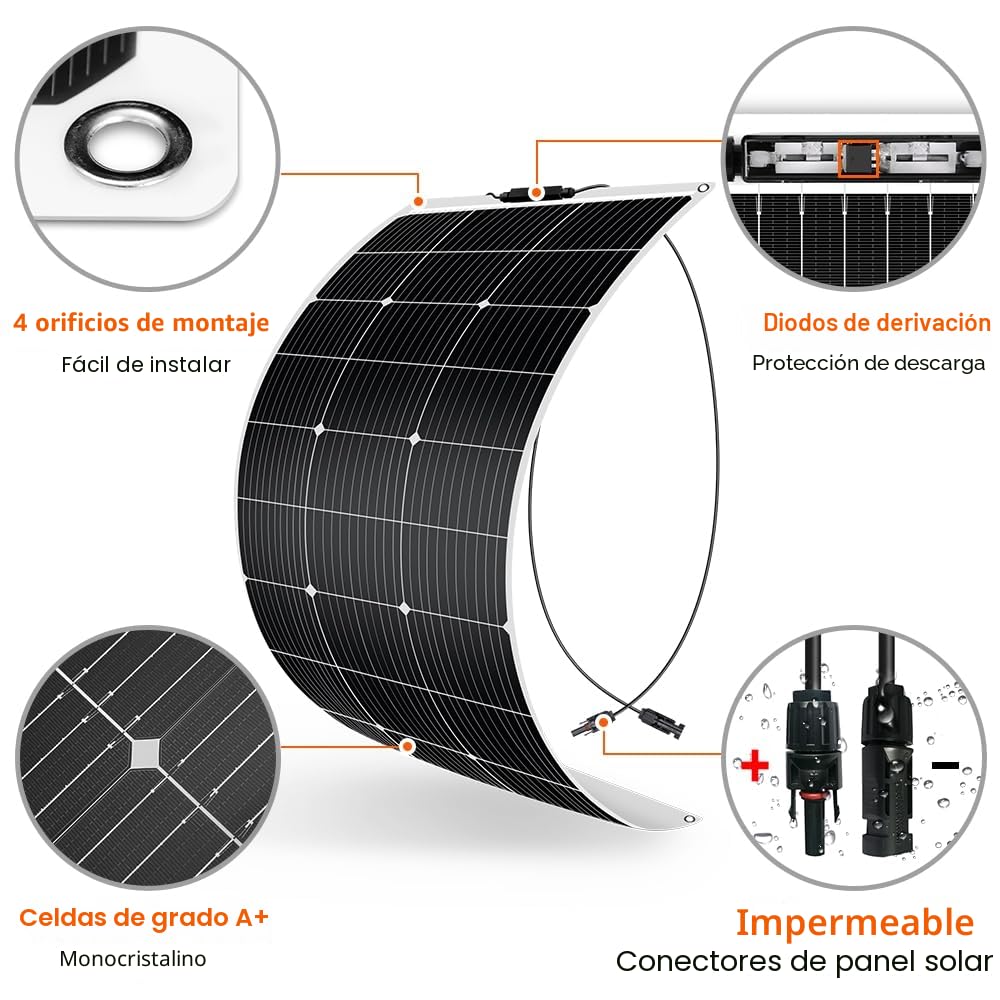 DOKIO Panel Solar Flexible 100W 12V Placa Solar Monocristalina Ligereza ideal para RV, Barco, Camping, Caravana