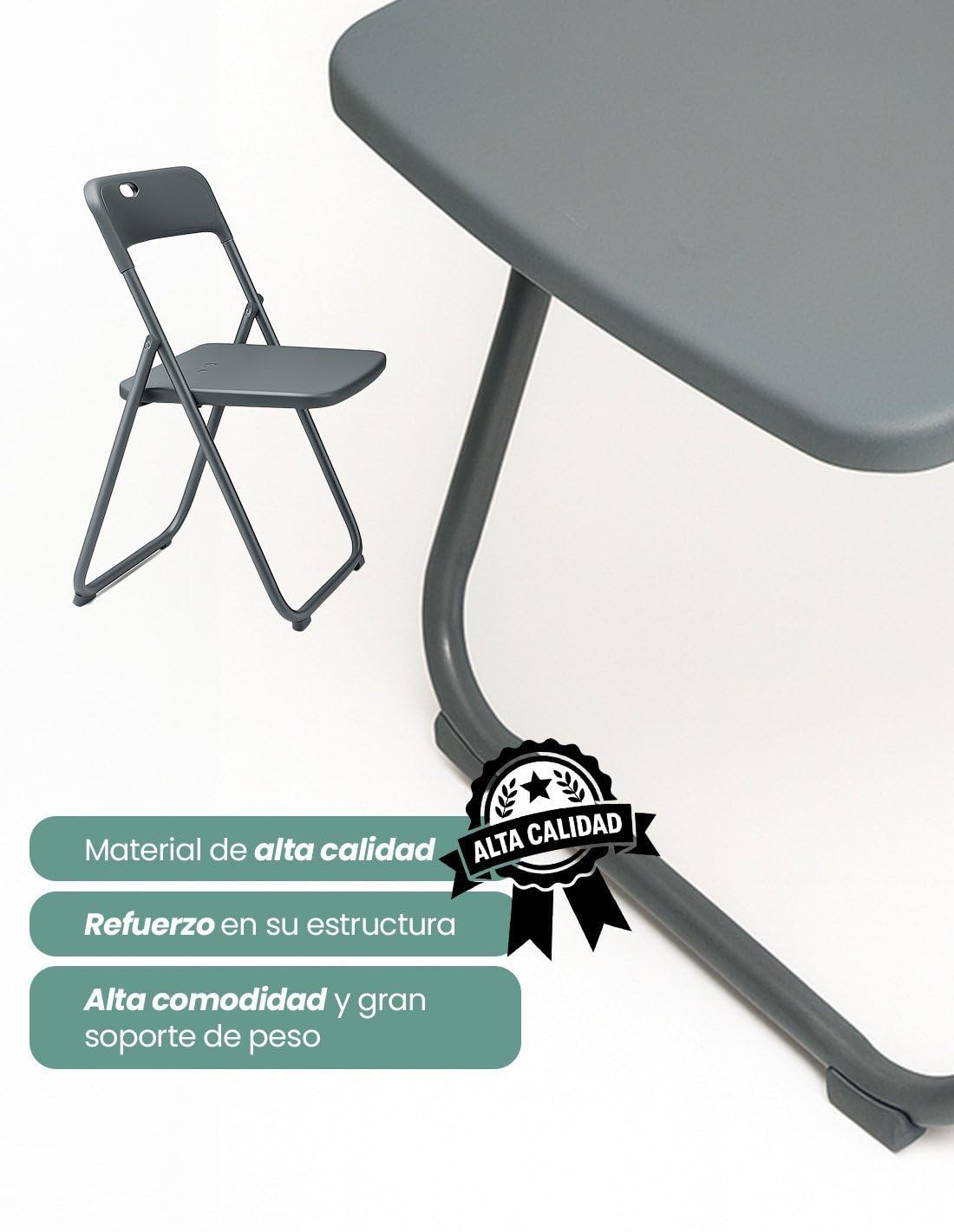 Jardin202 - Silla Plegable Metálica Monolith | 48 x 47 x 73 cm | Plástico Reforzado y Patas de Hierro con Refuerzo de Acero | Resistente | Pack 4 uds (Gris Oscuro)