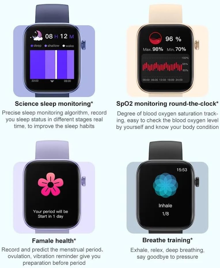 Four screens of the COLMI P71 Smart Watch showing sleep monitoring, SpO2, female health, and breathe training features.