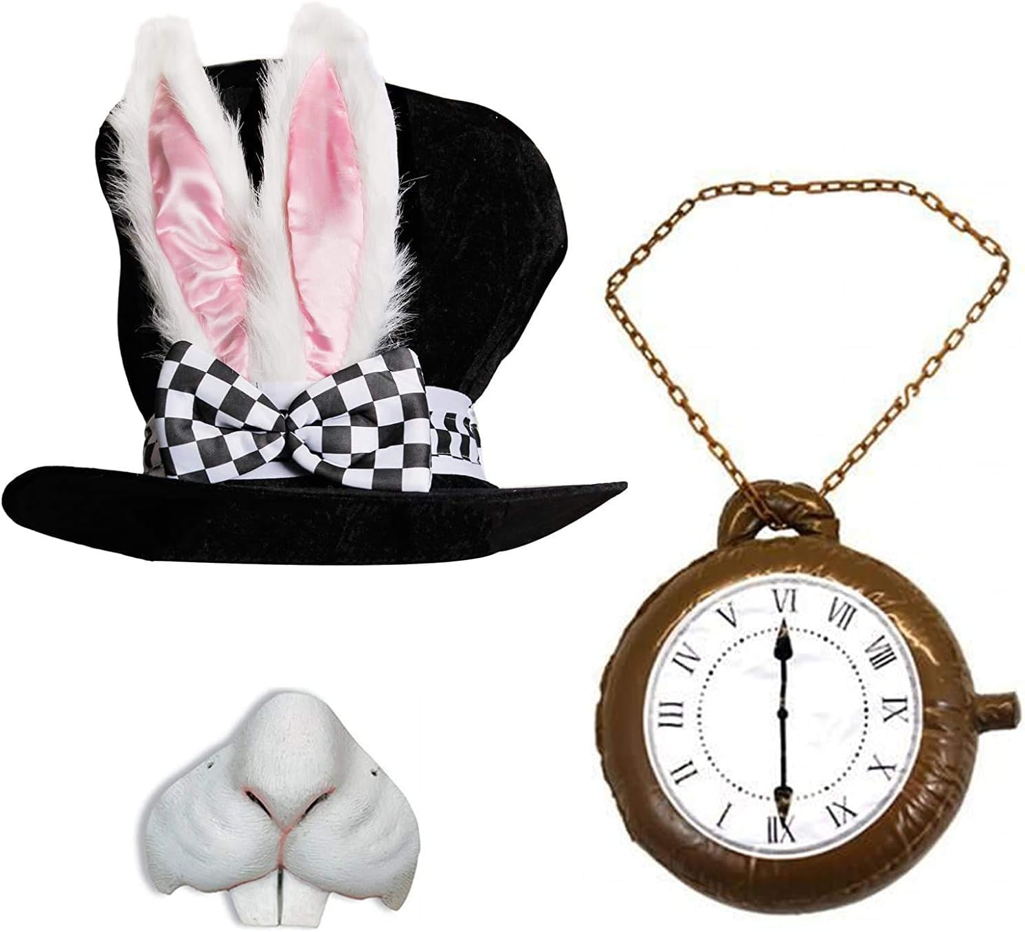 Adults Deluxe Rabbit Set - Top Hat with Rabbit Ears, White Rabbit Nose, Jumbo Inflatable Clock - Adults World Book Day Book Week Fancy Dress Costume Accessory Set