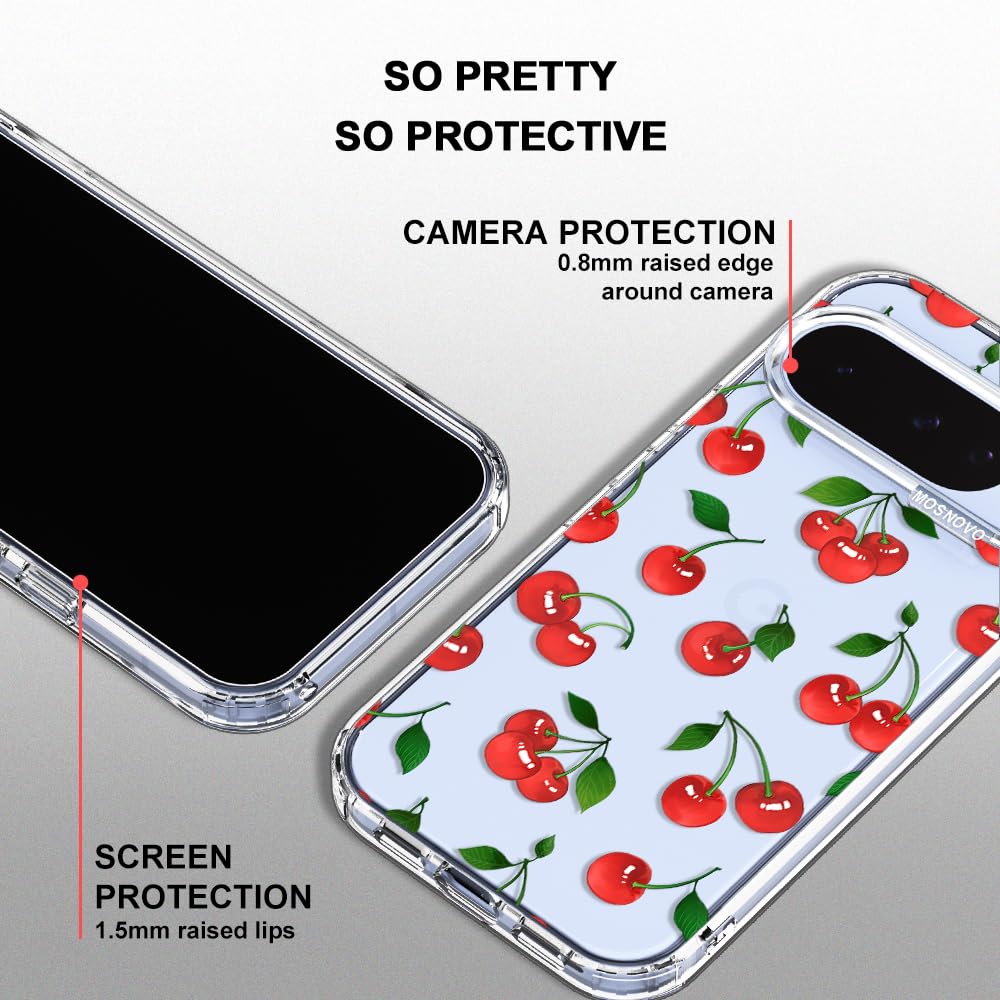 MOSNOVO Case for Google Pixel 10 & Pixel 10 Pro, [Buffertech 6.6ft Military-Grade Drop Protection] [Anti Peel Off Tech] Clear TPU Bumper Phone Case Cover Design - Cute Cherry - 5