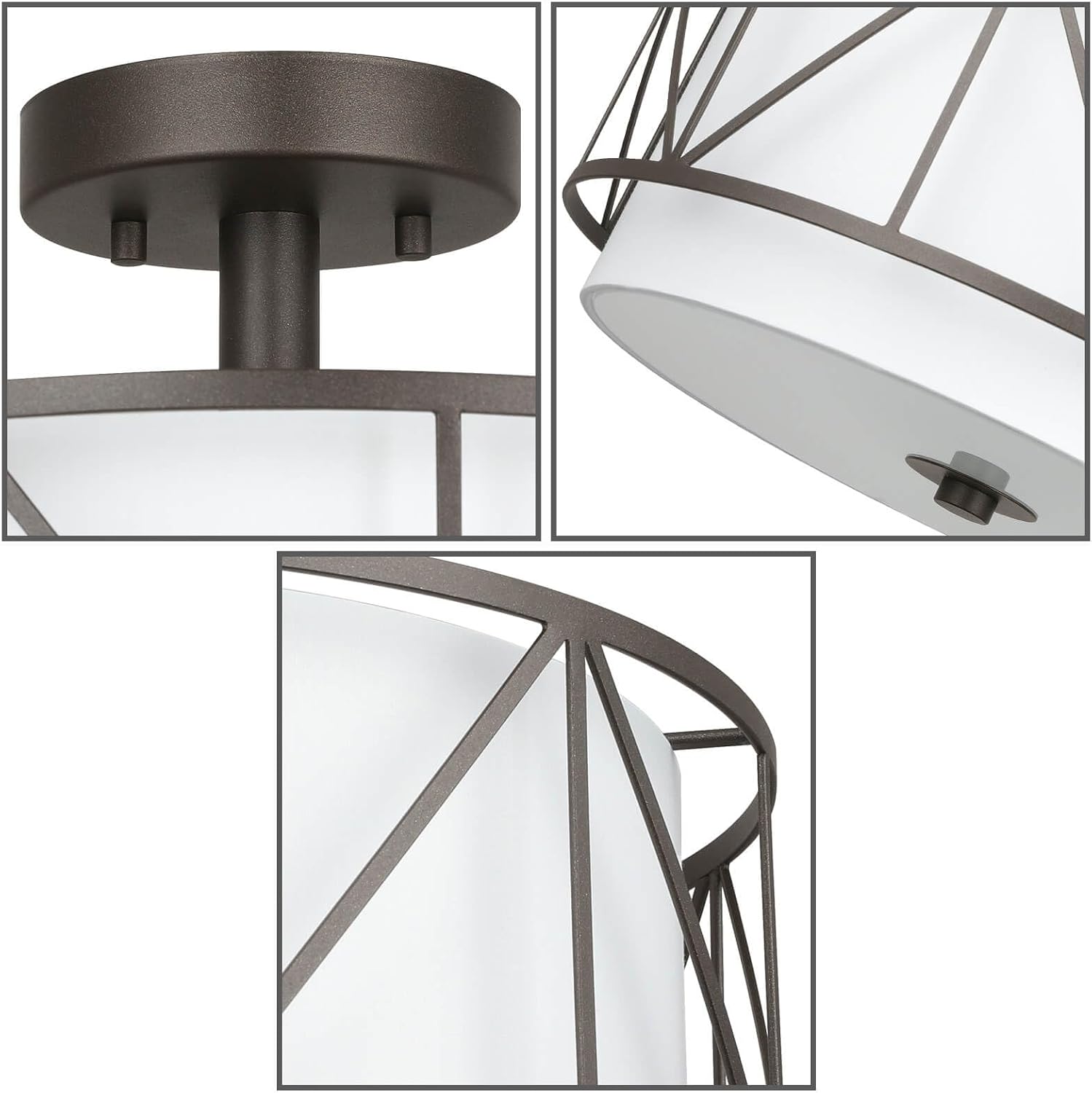 XiNBEi Lighting 16 inch Semi Flush Mount Ceiling Light Fixture with Metal Cage, Modern Drum Light Fixture for Bedroom Kitchen Ceiling Light Fixture for Dining Room XB-SF330-DB