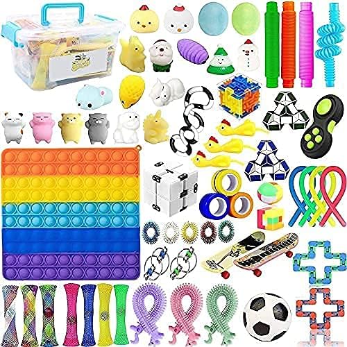 Kzidro 60pcs Fidget Toys – Stress Relief Toys for Focus & Calm – Toy Box & Party Favor Fidget Pack + Reusable Bag (Colorful)