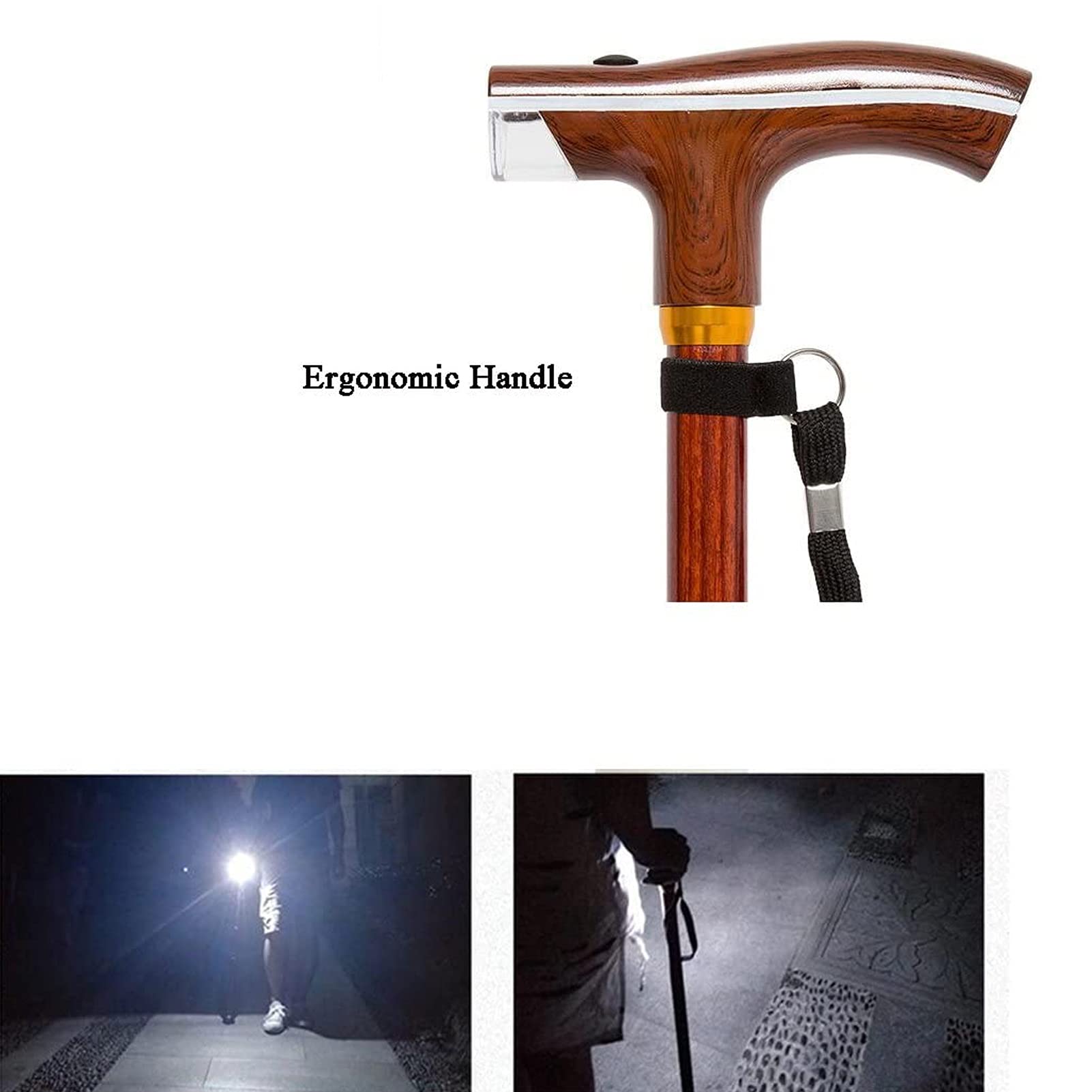 Base del centro de cuatro piernas de bastón, bastón de bastón de caminata extensible con luz LED, equilibrio plegable de movilidad de equilibrio - bastones para hombres con asa ergonómica y correa de