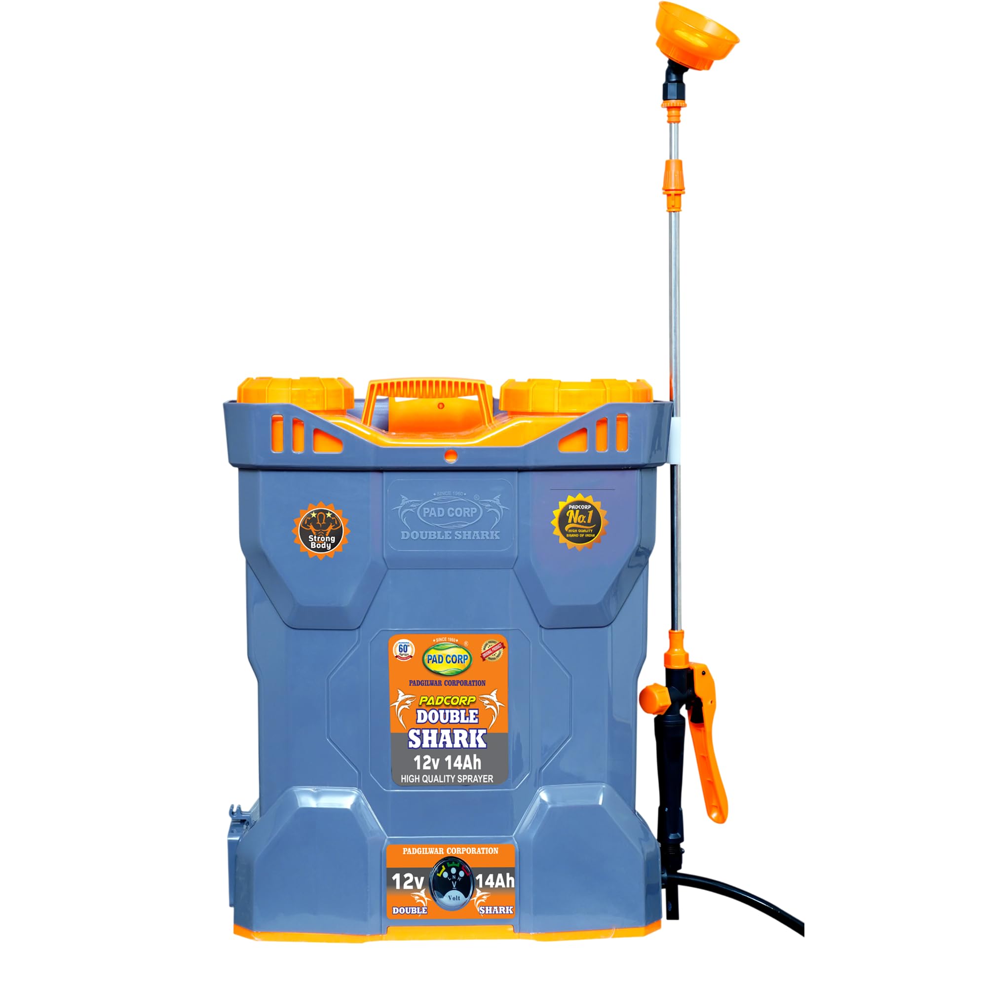 Double Shark 12 Volts X 14 Ampere Power Motor Battery Sprayer | 18 Liter Tank Capacity | 1.7Ah Charger | (Model-Double Shark) (Color- Gray-Orange)-image-28