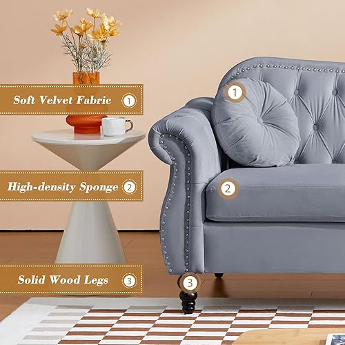 Miniatura 6 de Sofá Chesterfield de 3 plazas de terciopelo para sala de estar, moderno sofá de terciopelo copetudo de 3 plazas con brazos de desplazamiento y