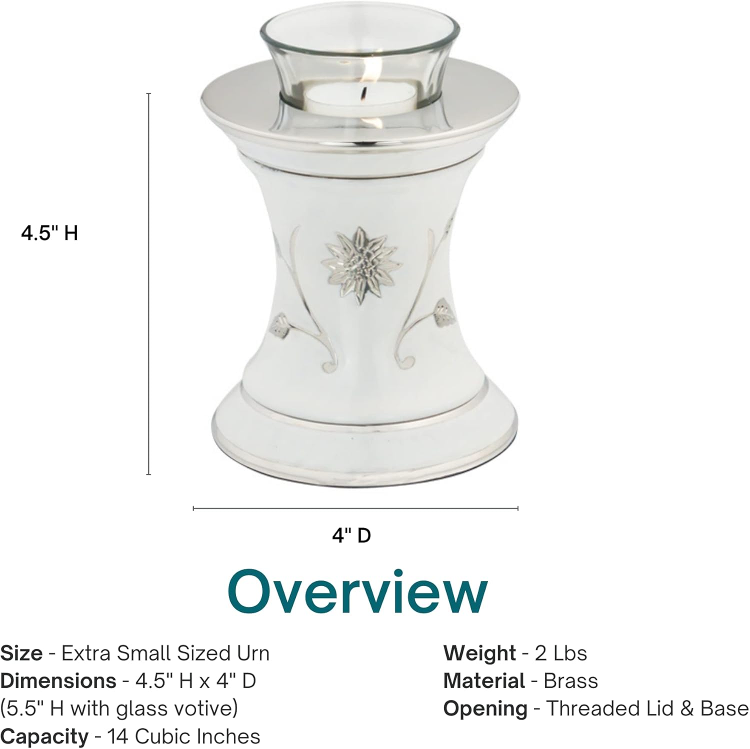 Grace White Tealight Cremation Urn for Ashes, Brass Memorial Candle, White and Silver, Extra Small Sized Cremation Urn, 5.5 Inches High