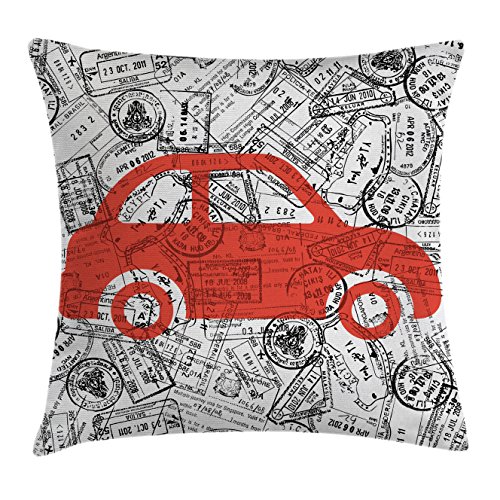 Lunarable Cartoon Throw Pillow Cushion Cover, Little Car with Travel Themed Passport Stamps Background Abstract Design, Decorative Square Accent Pillow Case, 28