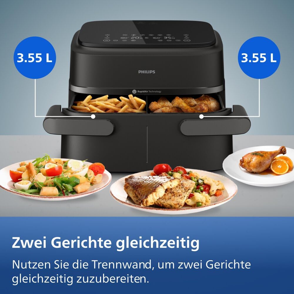 Philips Airfryer 1000 Serie Heißluftfritteuse, Schwarz, 7,1 L | Flexibler Korb, RapidAir Technologie, Touchscreen, 10 Kochfunktionen, HomeID App (NA154/00)