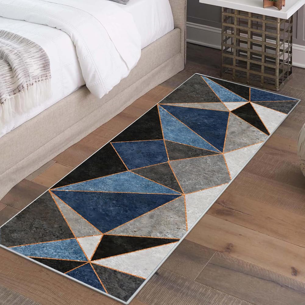 Tappeto Passatoia per Casa, Antiscivolo e Lavabile, per Cucina Corridoio Ingresso,Moderno Geometrico Blu, Nero，70 x 400 cm