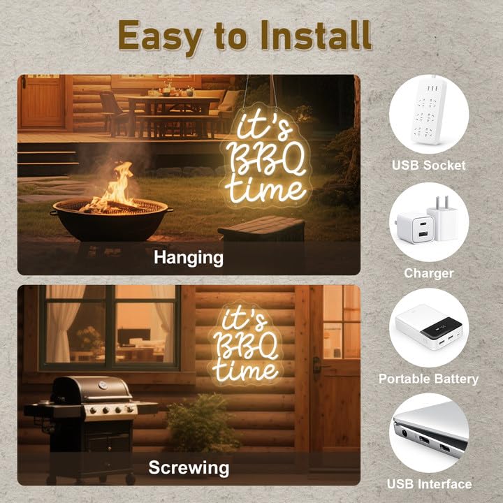 Image of It's BBQ Time Neon Sign BBQ Neon Signs Barbecue Neon Lights Dimmable LED Signs for Wall Neon Light Up Signs for BBQ Shop Restaurant Home Party Beer Pub Neon Bar Sign Wall Decor Light