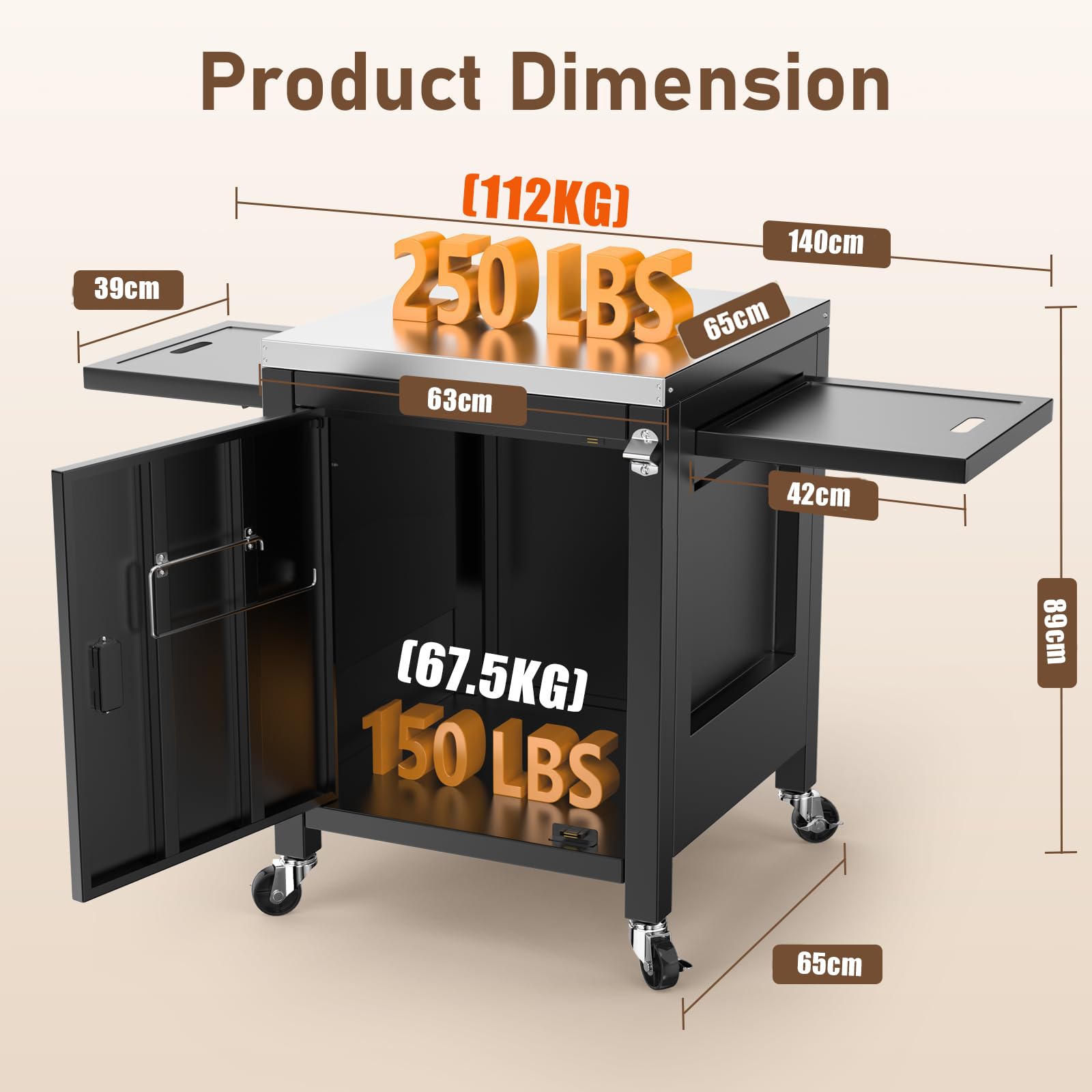 GFTIEM - Carro de Cocina para Exteriores, 140 x 65 x 89 cm, Carrito de Servicio portátil con 2 mesas auxiliares Plegables, Mesa de Barbacoa para hornos de Pizza Onni, Cocina Exterior para Ninja