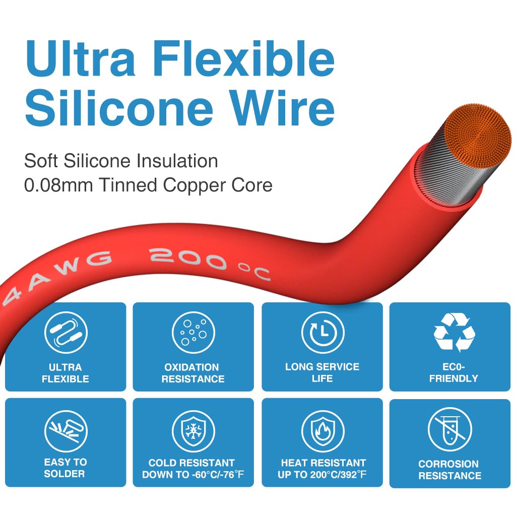 BNTECHGO Alambre de silicona de calibre 4, 3 pies, rojo y negro, flexible, 4 AWG, alambre de cobre estañado trenzado