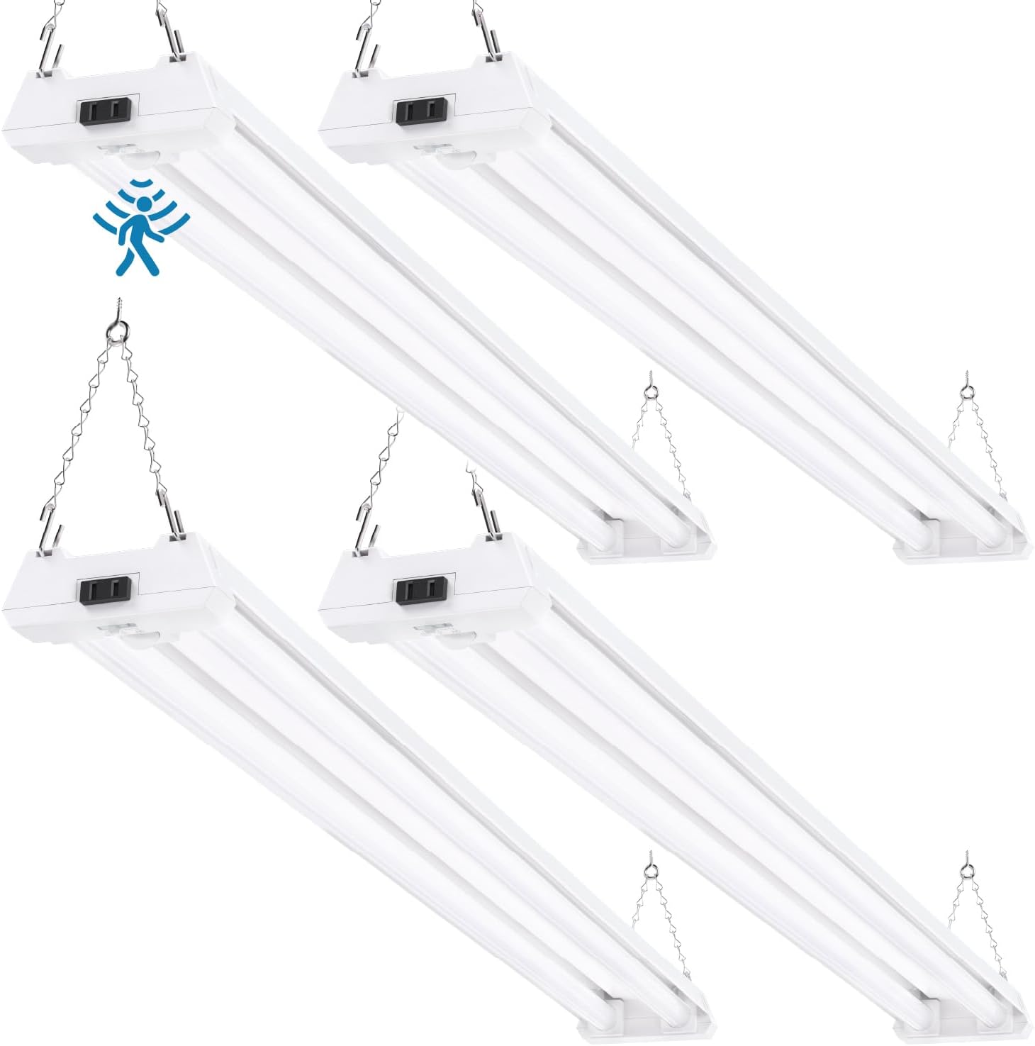Sunco Motion Sensor 4ft LED Shop Light, Garage Lights Ceiling LED Plug in Fixtures, 40W, 5000K Daylight, Frosted, Motion Activated, Linkable Suspension Mount, ETL 4 Pack