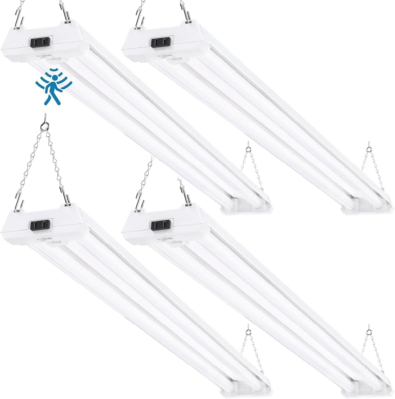 Sunco Motion Sensor 4ft LED Shop Light, Garage Lights Ceiling LED Plug in Fixtures, 40W, 5000K Daylight, Frosted, Motion Activated, Linkable Suspension Mount, ETL 4 Pack | 5000K Daylight, 4300LM, Frosted Lens, Auto On/Off Motion Activation, Hanging/Surface Mount, 48" Plug-in, Garage, Workshop