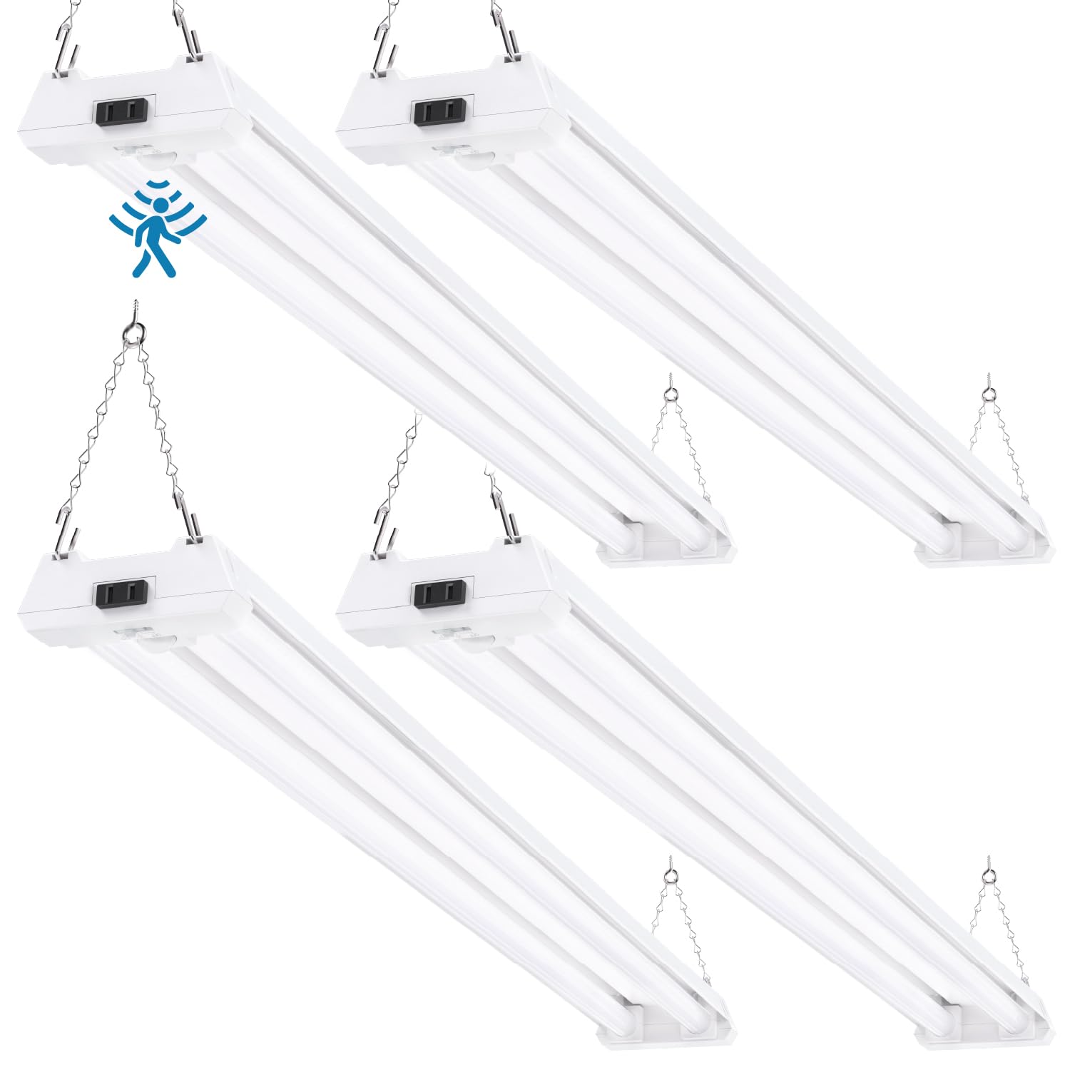 Sunco Motion Sensor 4ft LED Shop Light, Garage Lights Ceiling LED Plug in Fixtures, 40W, 5000K Daylight, Frosted, Motion Activated, Linkable Suspension Mount, ETL 4 Pack