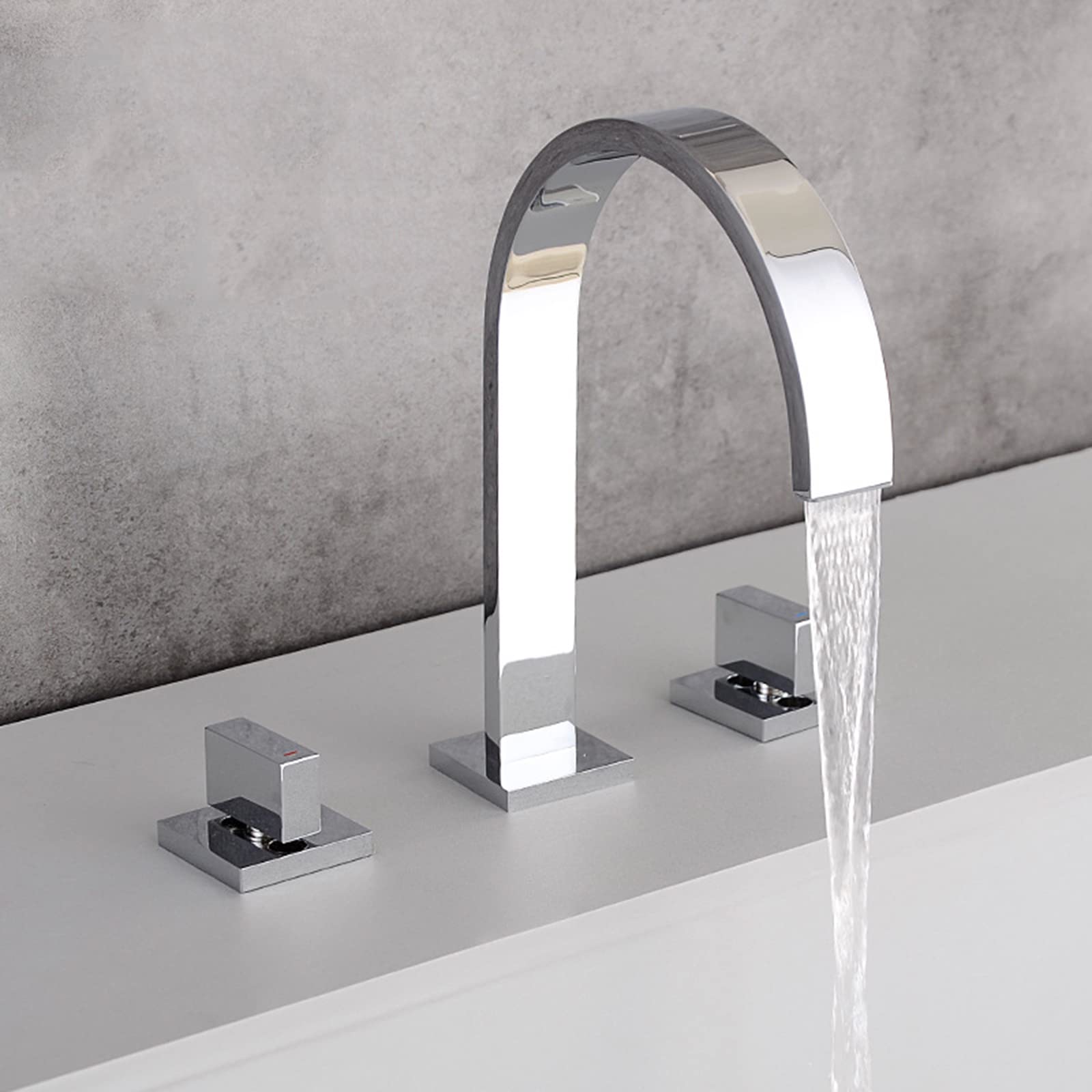 Waterfall Basin Taps, Double Handle 3 Hole Basin Mixer Tap, Brass Waterfall Taps for Bathroom Sink,Chrome