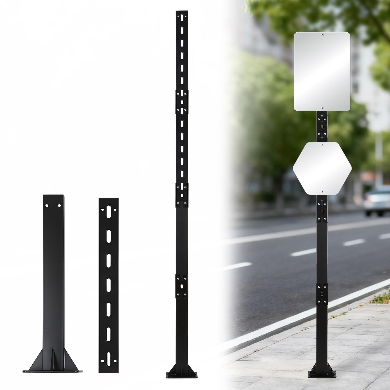 Danoib 1 Pcs 6Ft Heavy-Duty Bolt Down Sign Post with Base, Vertical Dual-Sign Metal Holder with Pre-Drilled Holes, Base-Plate Mounted Pole for Parking, Street, Traffic, Private Property (Black, 6ft)