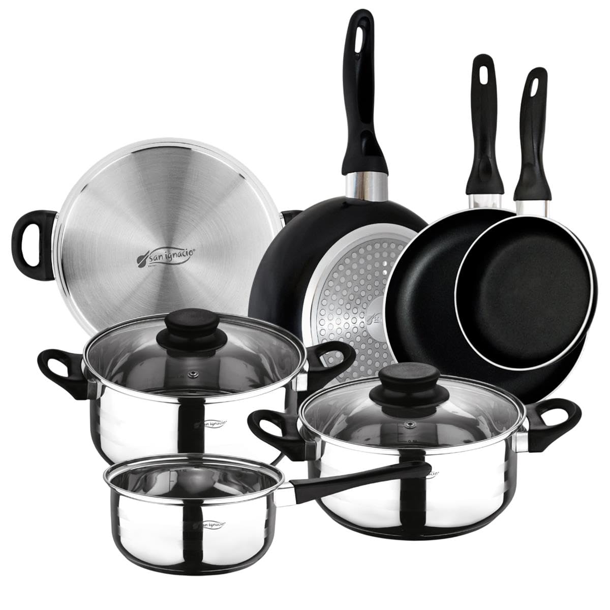 San Ignacio - Batteria da cucina 3 pezzi (1,6L, 2,3L, 3,3L) in acciaio inossidabile e Set di 3 padelle (16-20-24 cm) in alluminio pressato antiaderente, adatto a induzione