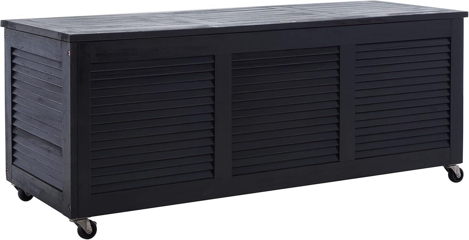 SAFAVIEH Outdoor - Elina Cushion Storage Box - Black Solid Wood - Coastal Resort Storage Bench Design - Ideal for Patio, Deck, Porch, Backyard, 18"W x 47"D x 19"H (PAT7038D)