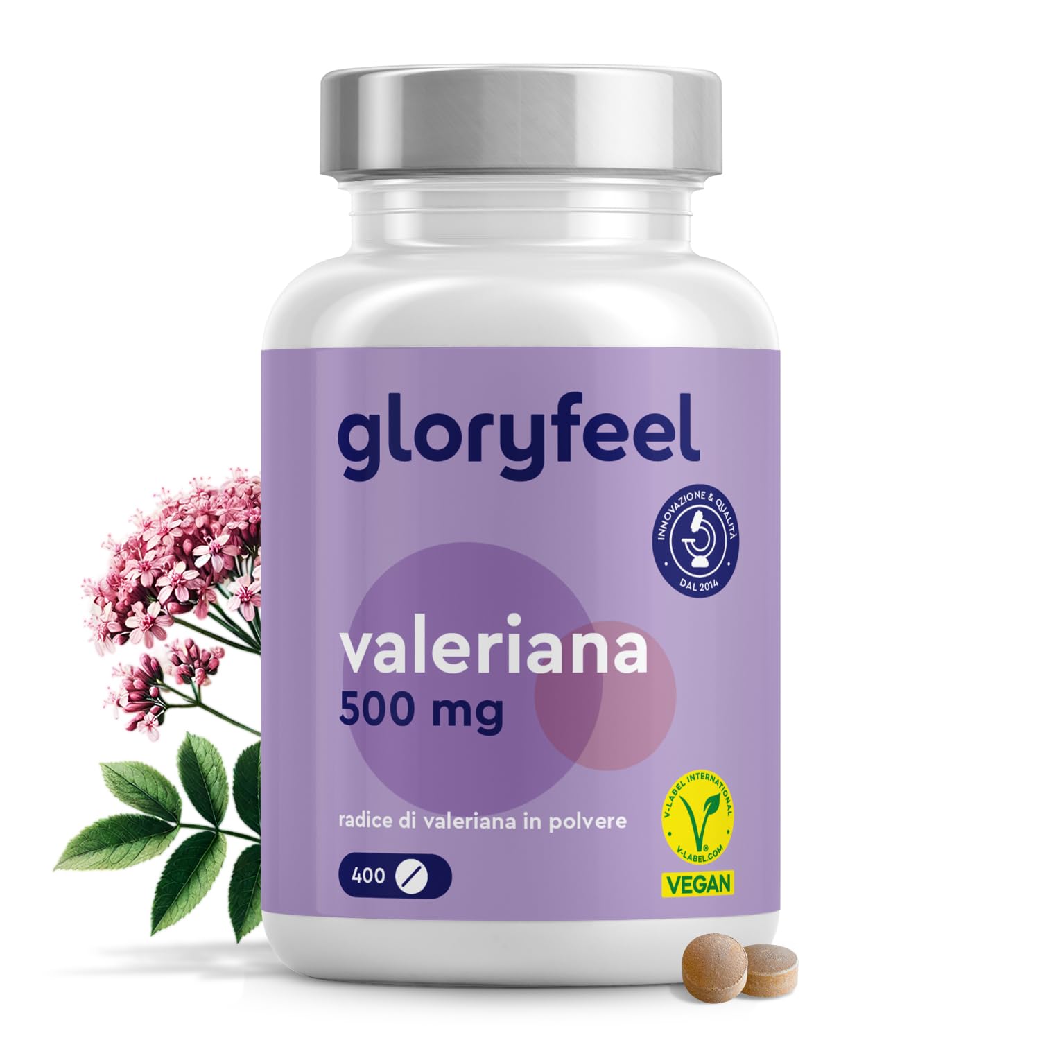 Valeriana Forte Integratore, 500 mg di Radice di Valeriana Pura per Dose, 400 Compresse, per Dormire, Favorisce il Rilassamento, Senza Additivi, 100% Vegan