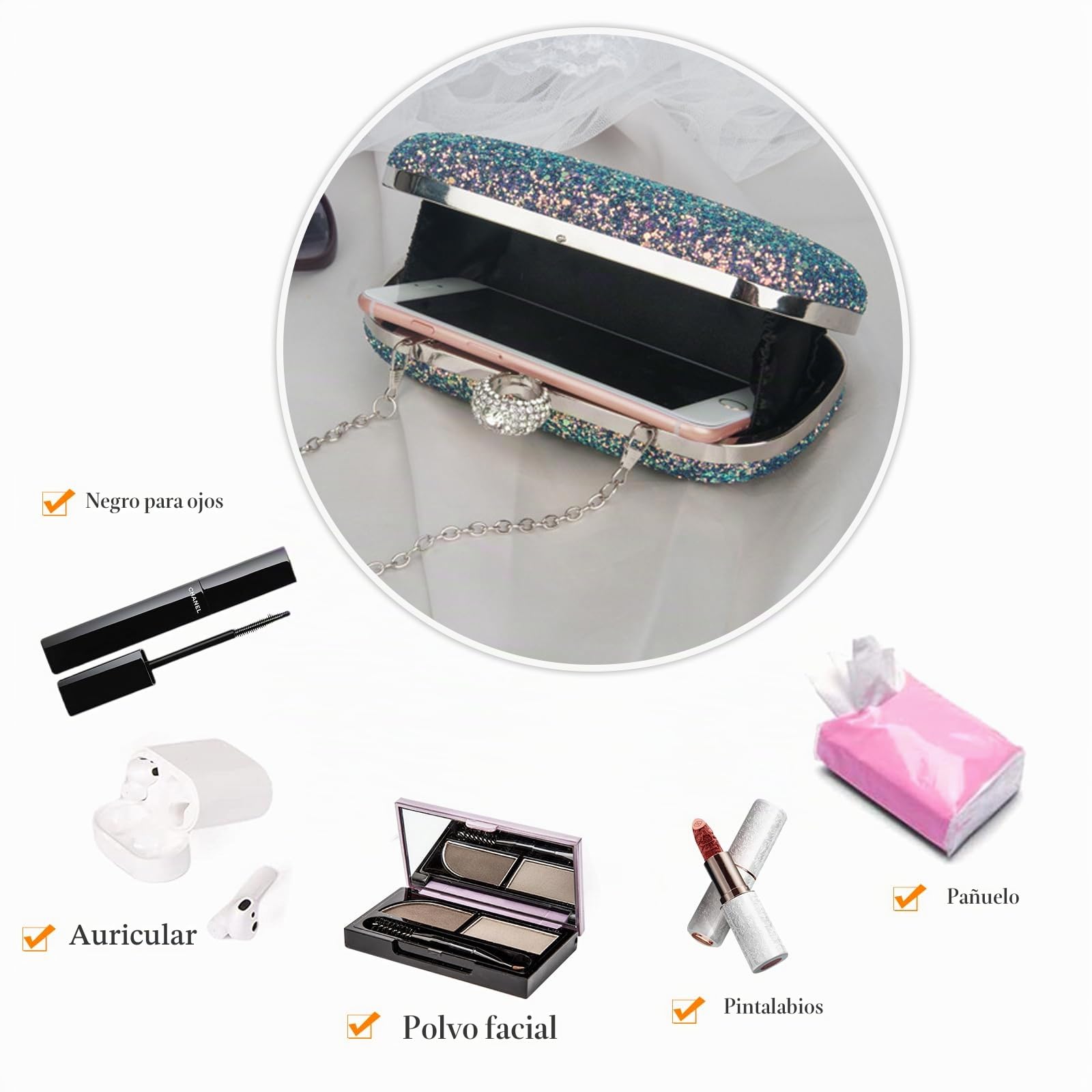 Lentejuelas Clutch para Mujer Bolsa de Noche Bolso de Fiesta Lujoso Bolso de Hombro Bolso de Boda Bolsa de Cadena Pequeña Elegante Bolsos Bandolera para Fiesta de Graduación Banquete Verde