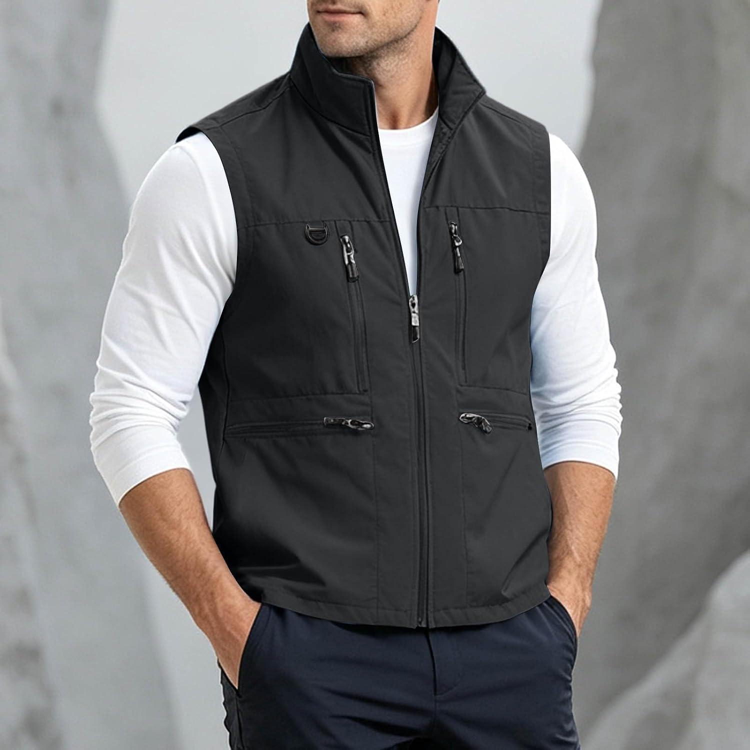 Hiking Vest for Men Utility Zip Front Stand Collar Sleeveless Vests