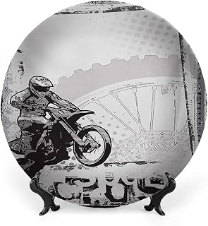 Ceramic Plates, Motorcycle Decorative Ceramic Plates, Motocross Racer Image Grungy Background Poster, 7 Inch, for Dining, Parties, Wedding, Black White