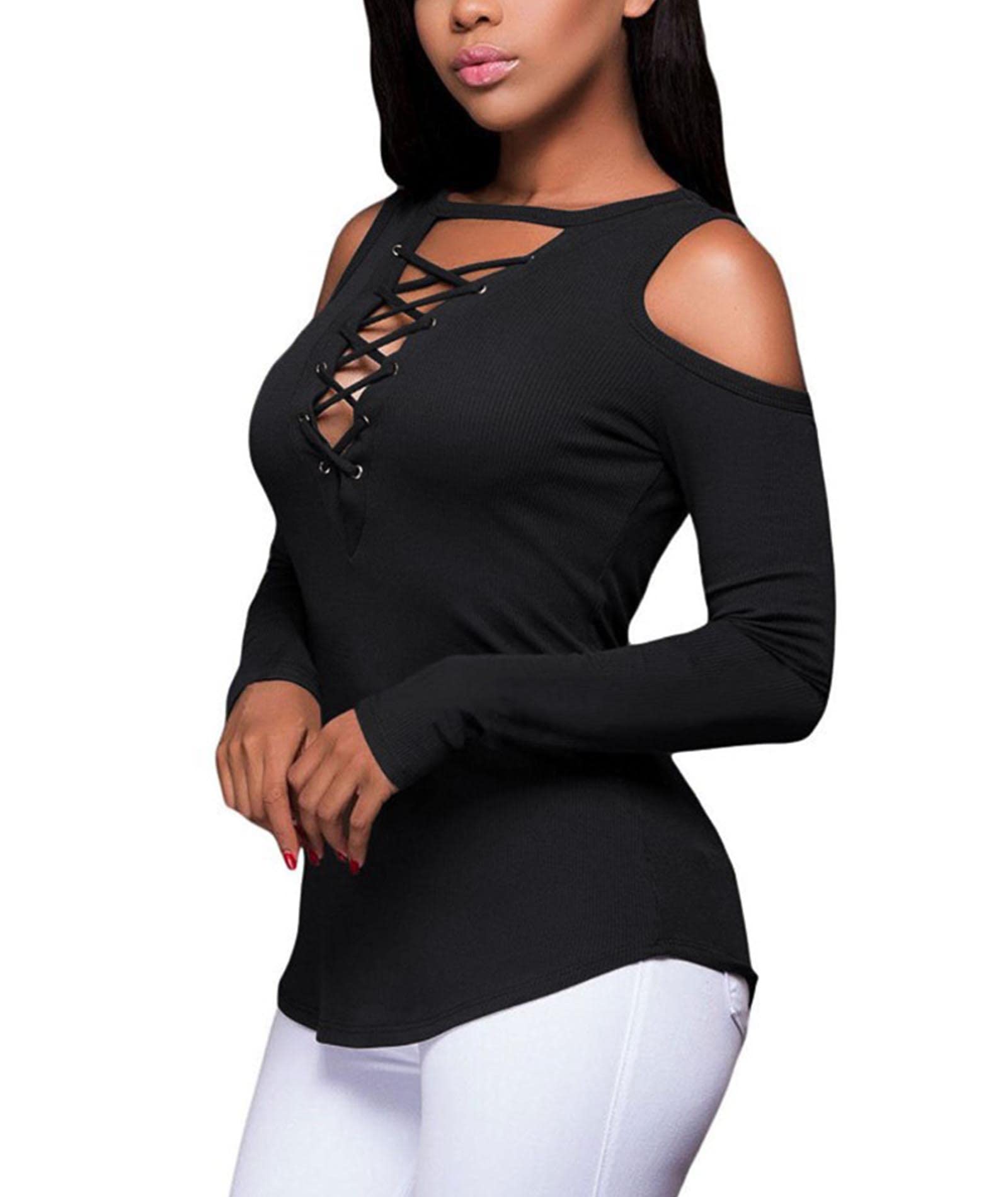 Sexyshine Women's Sexy Deep V Neck Halter Lace Up Mini T-Shirt Party Club Dress: Small Black-23178