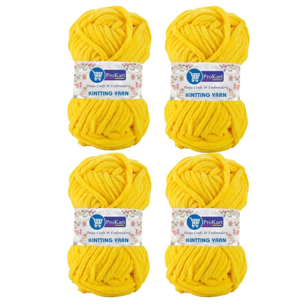 ProKart Premium Blankie Wool, Plush & Cuddly, Chenille Yarn Supersoft Hand Knitting Wool Ball | Blanket Thick/Mottu Yarn Ball Suitable for Hand Knitting and Crocheting for Baby, Adult, Sweaters, caps, Throws, Home Furnishing, Scarves, Blankets (Yellow, 100gms x 4 Pack)