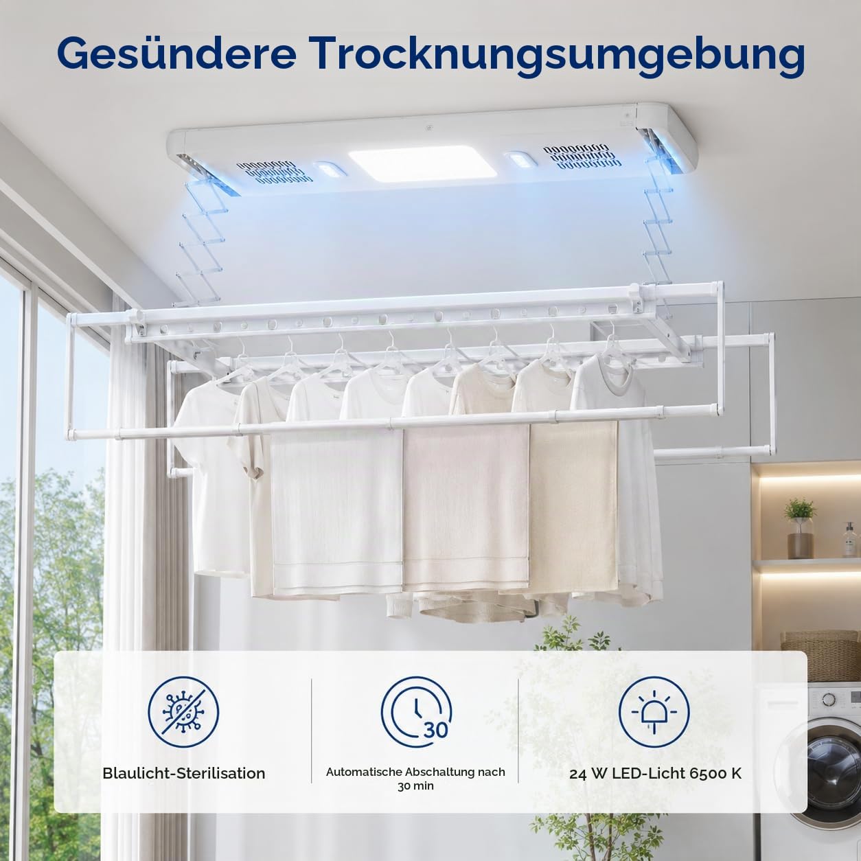 Elektrischer Wäscheständer Deckenmontage Mit Fernbedienung und LED-Licht,Verstellbare Länge und Höhe Wand und Decken Wäscheständer,Für Familien, Balkone, Wohnungen (Weiß)