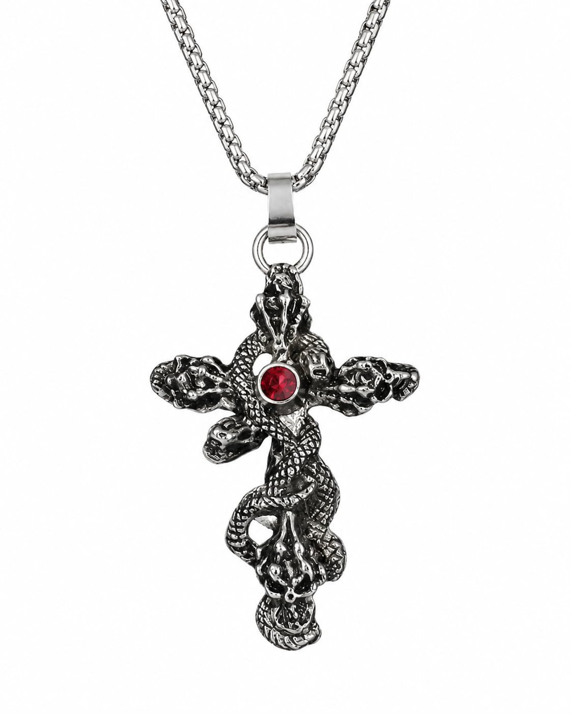 Stainless Steel Dragon Cross Pendant Necklace, Silver, Red Crystal, Gothic Style, Box Chain-image-37