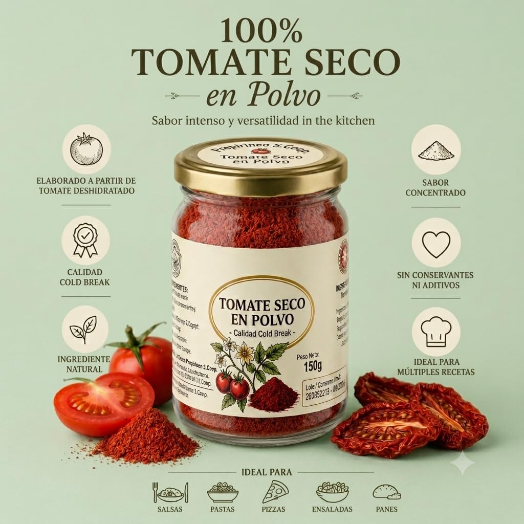 Tomate Seco en Polvo Premium (150g)-Molido Fino, Sabor Intenso y Natural- Ideal para Pasta, Sofritos y Pasta de Tomate Concentrada (1 bote 150g)