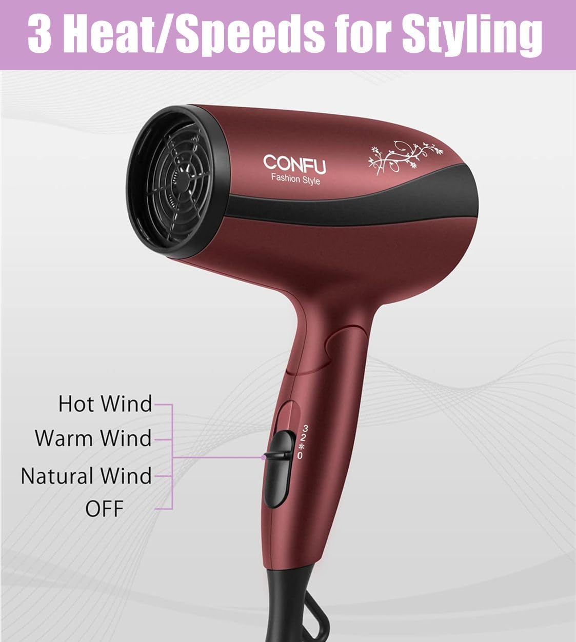 Hair dryer with 3 heat/speed settings labeled