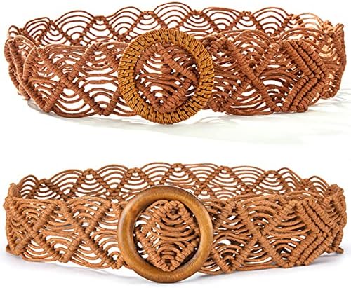 Pinra 2 Pieces Woven Rattan Straw Waist Belt for Women Woven Braided Belt Bohemian Wooden Buckle Belt for Dress Khaki Braided Khaki