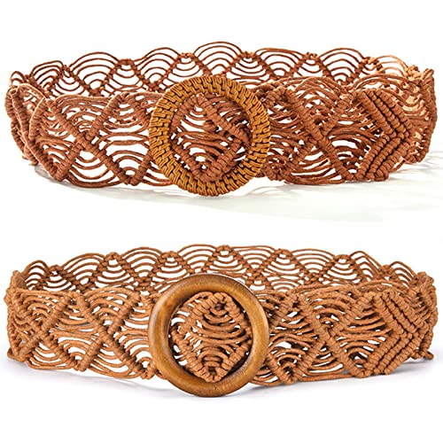 Pinra 2 Pieces Woven Rattan Straw Waist Belt For Women Woven Braided Belt Bohemian Wooden Buckle Belt For Dress Khaki Braided Khaki #TOP3