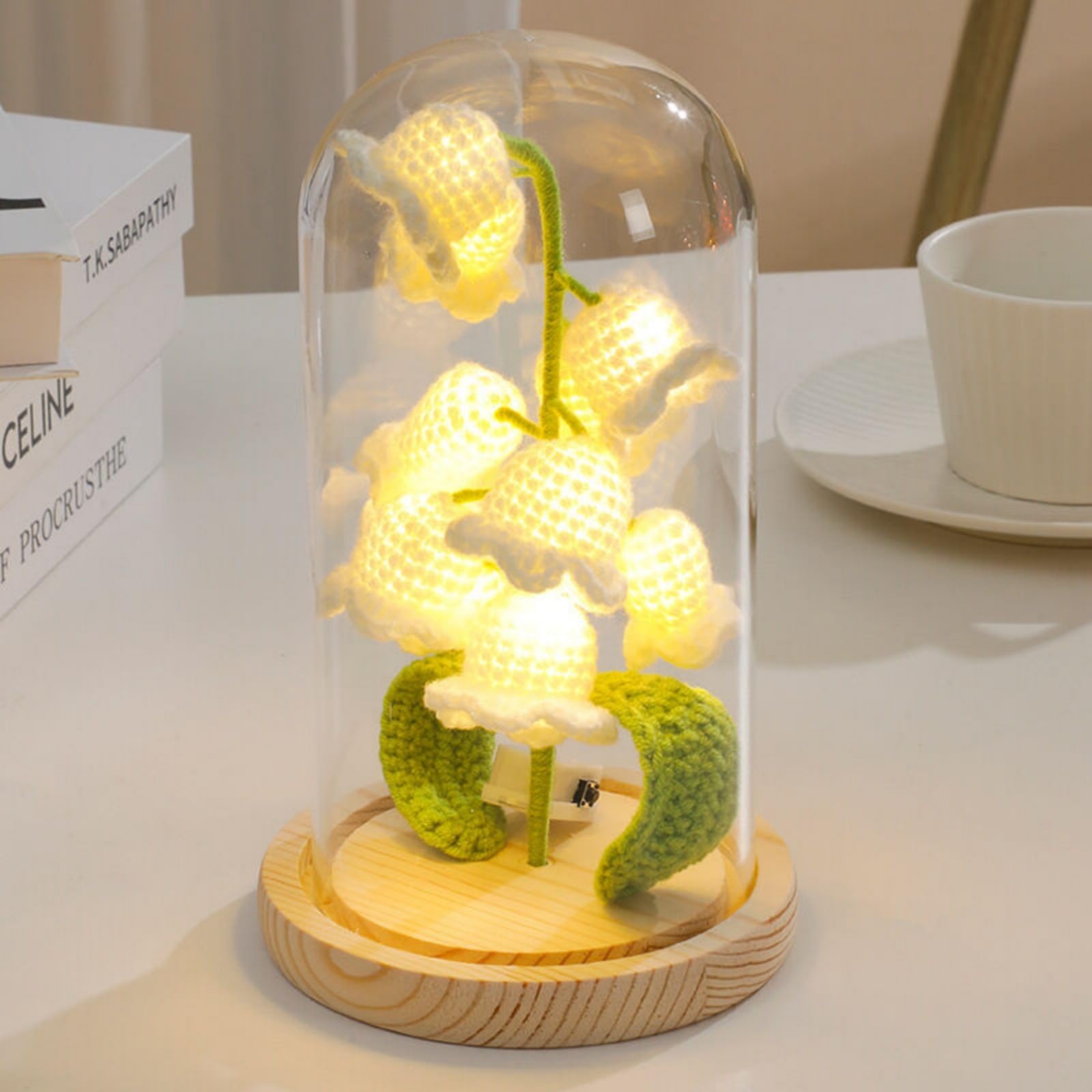 Amazon｜スズラン 枯れない花 かぎ針編み 造花 ガラスドーム LEDライト