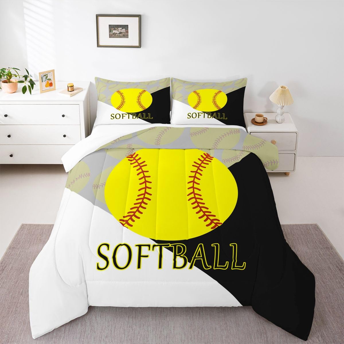 jejeloiu Softball Comforter Set for Girls Boys Kids Full Size Sports Theme Comforter Room Decorative Gift for Softball Lover Bedding Set Ball Games