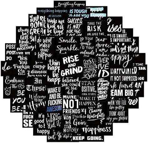60Pcs Cool Black Inspirational Stickers Decals for Kids, Teens Premium Waterproof Vinyl Motivational Phrase Stickers for Water Bottles, Skateboards, Laptops, Phone Cases, Guitars, Helmets, Bikes, and More, Cartoon Decal Pack (Inspirational)
