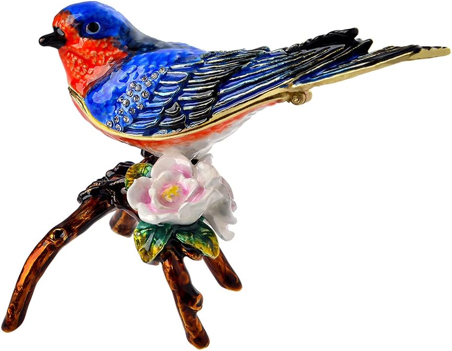 Golden Jeweled Enameled Bluebird Jewelry Box, Hand-Painted Hinged Eastern Bluebird Trinket Box, Elegant Home Décor & Unique Gift for Bird Lovers