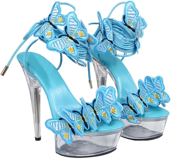 Women Strappy High Heel Sandals Lace Up Platform Sparkly Butterfly Stiletto High Heel Open Toe Suede Ankle Wrap Shoes