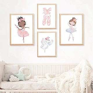 Ballerina Nursery Stampe da Parete Canvas Poster Swan Dance Prints Pittura del Fumetto Decorazione per Bambini Quadri Baby Girl Quadri Moderni Camera da Letto Decor (40x50cmx4 / Nessuna Cornice)
