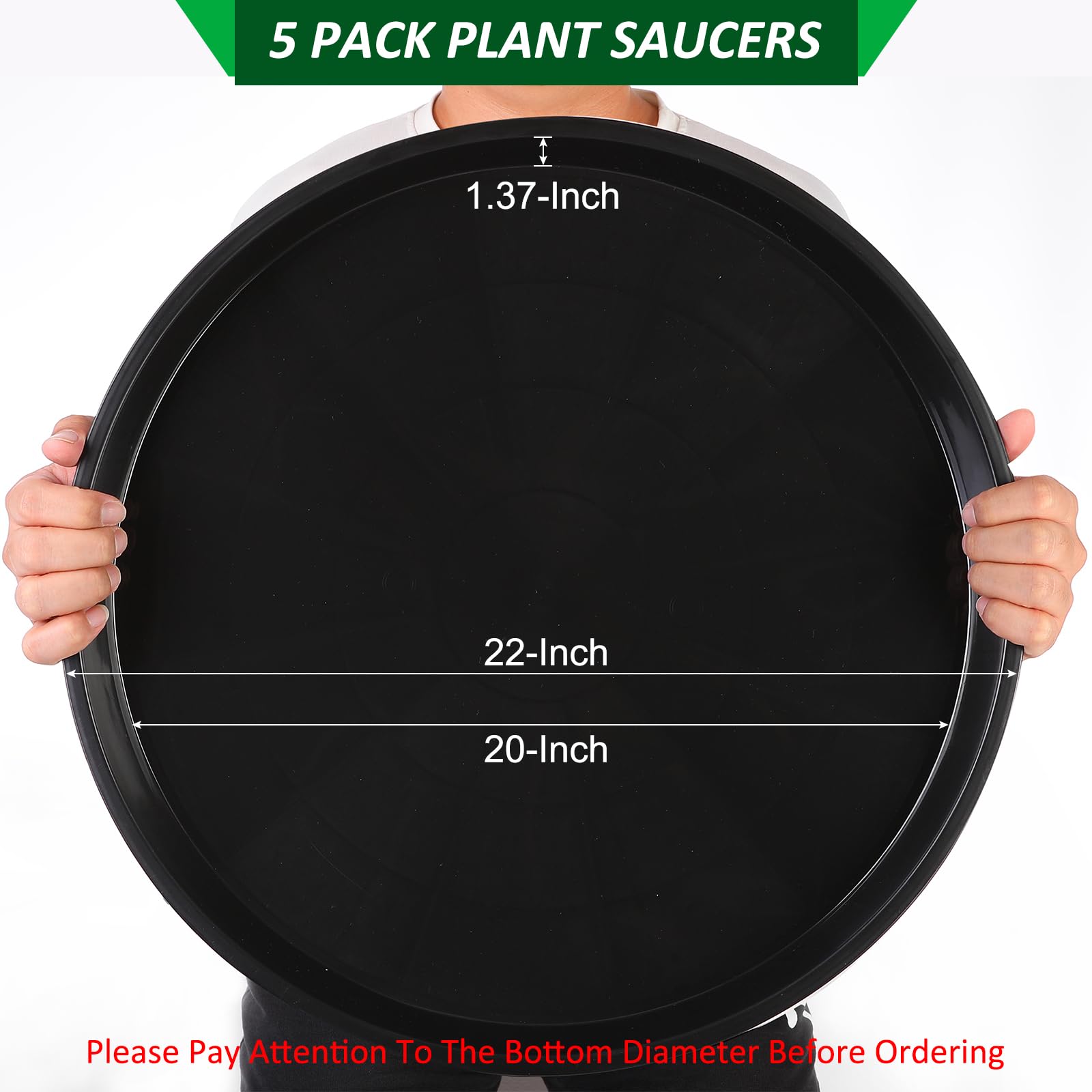 Bandeja grande para plantas de 22 pulgadas, paquete de 5 bandejas de goteo de plástico negro para macetas, plato redondo para plantas de interior y exterior, bandeja de agua para plantas.