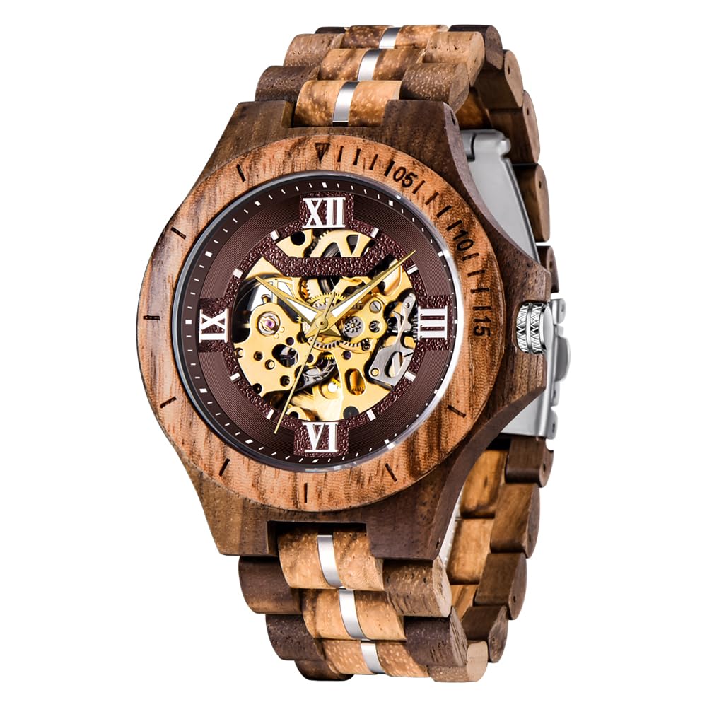 Tiong Herren Holzuhr Mechanische Skelett Automatisches Uhrwerk Holzuhren | Retro Leichte Herrenuhr mit Holz Geschenkbox, Klassische Holzuhr als Geschenk für Männer